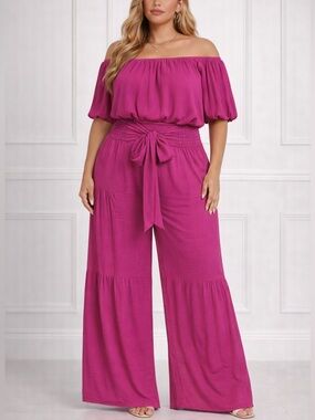 Off-Shoulder Crop Top & Wide Leg Pants Set - Magenta